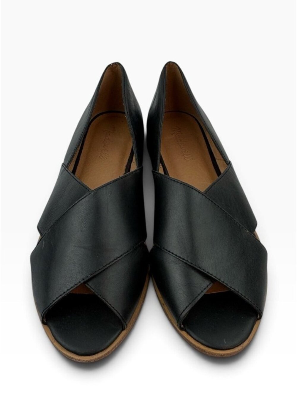 -Madewell Blaine Black Leather Flats Womens 9.5 Criss Cross Slip On Casual Shoes
